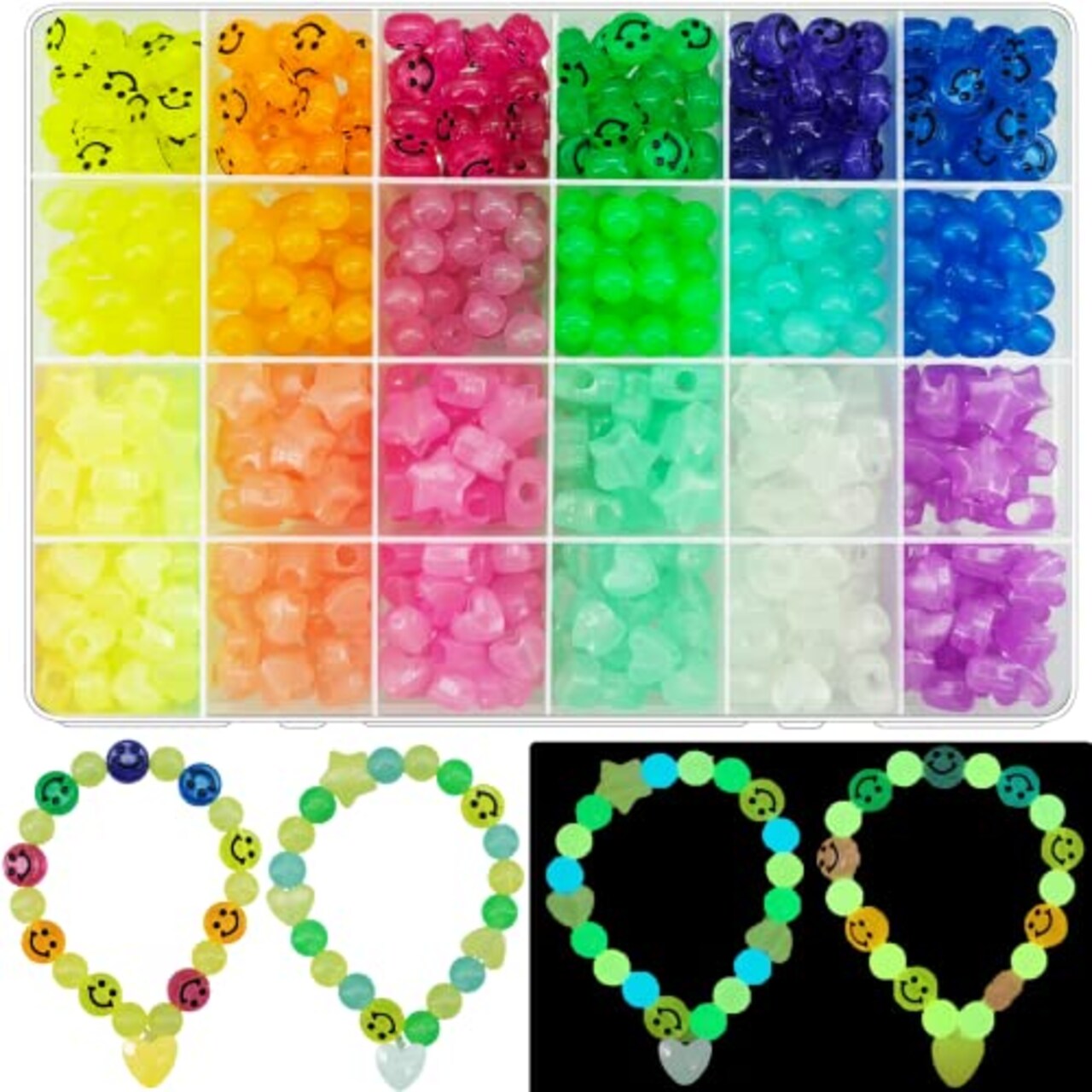 612Pcs Candy Color Acrylic UV Beads Glow in The Dark Beads Happy Face Bead  Heart Beads Star Beads Color Changing Sun UV Reactive Plastic Solar Hair  Beads Bulk for Bracelet Necklace Jewelry